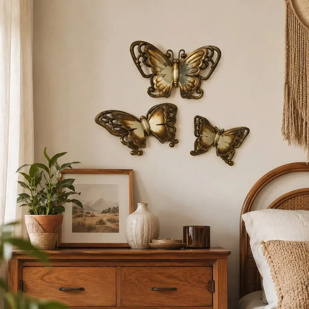 Vintage Homco Butterfly Wall Decor Set of 3 Brown 1970s Boho MCM